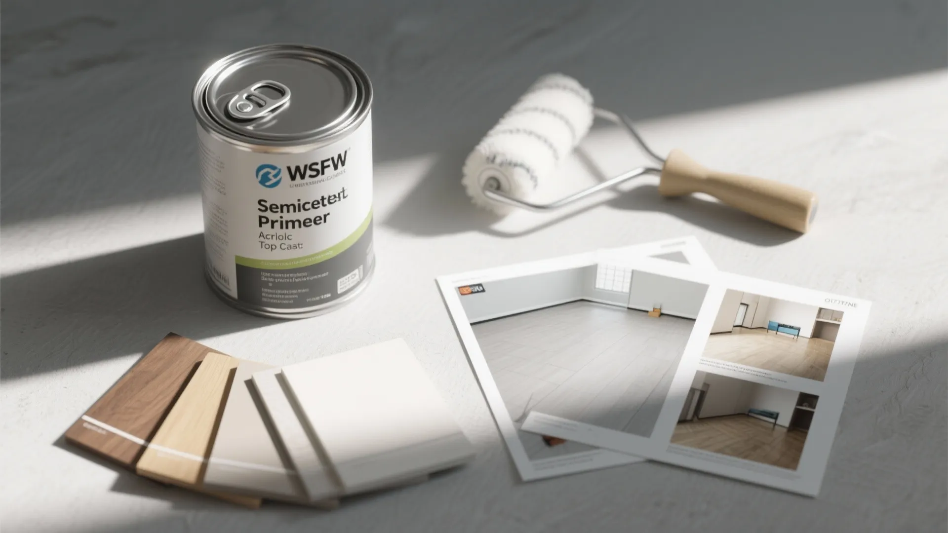 White paint can with paint roller plus color samples and interior design drawing on floor