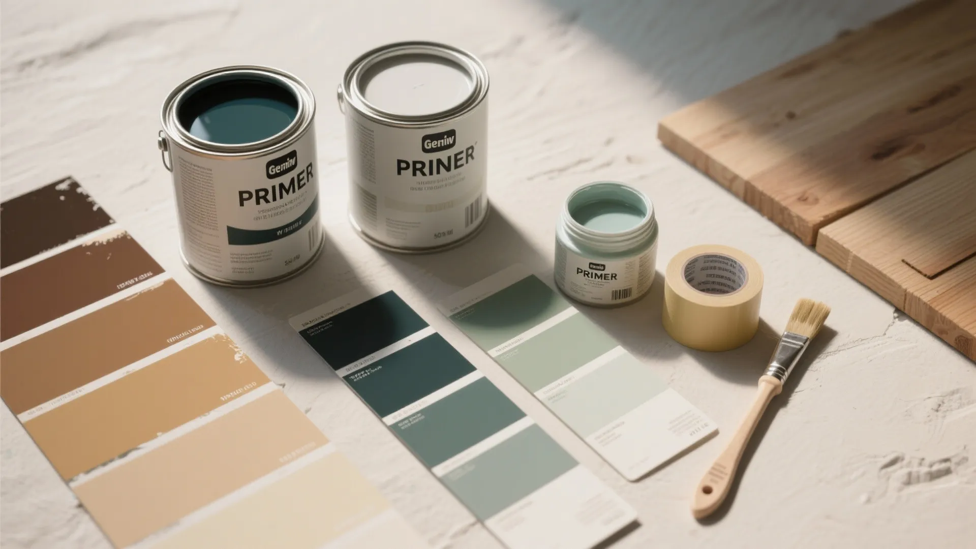 Paint cans with color swatches and paint brush on floor for choosing interior design colors