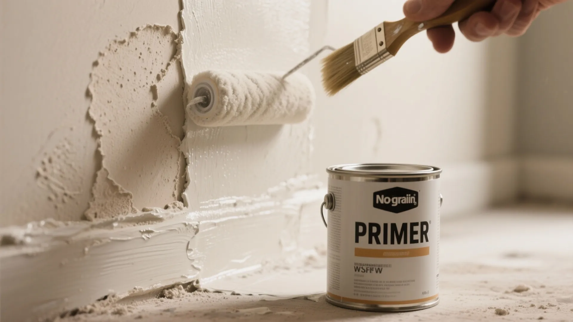 Person using a brush and roller to apply white primer paint onto a textured wall