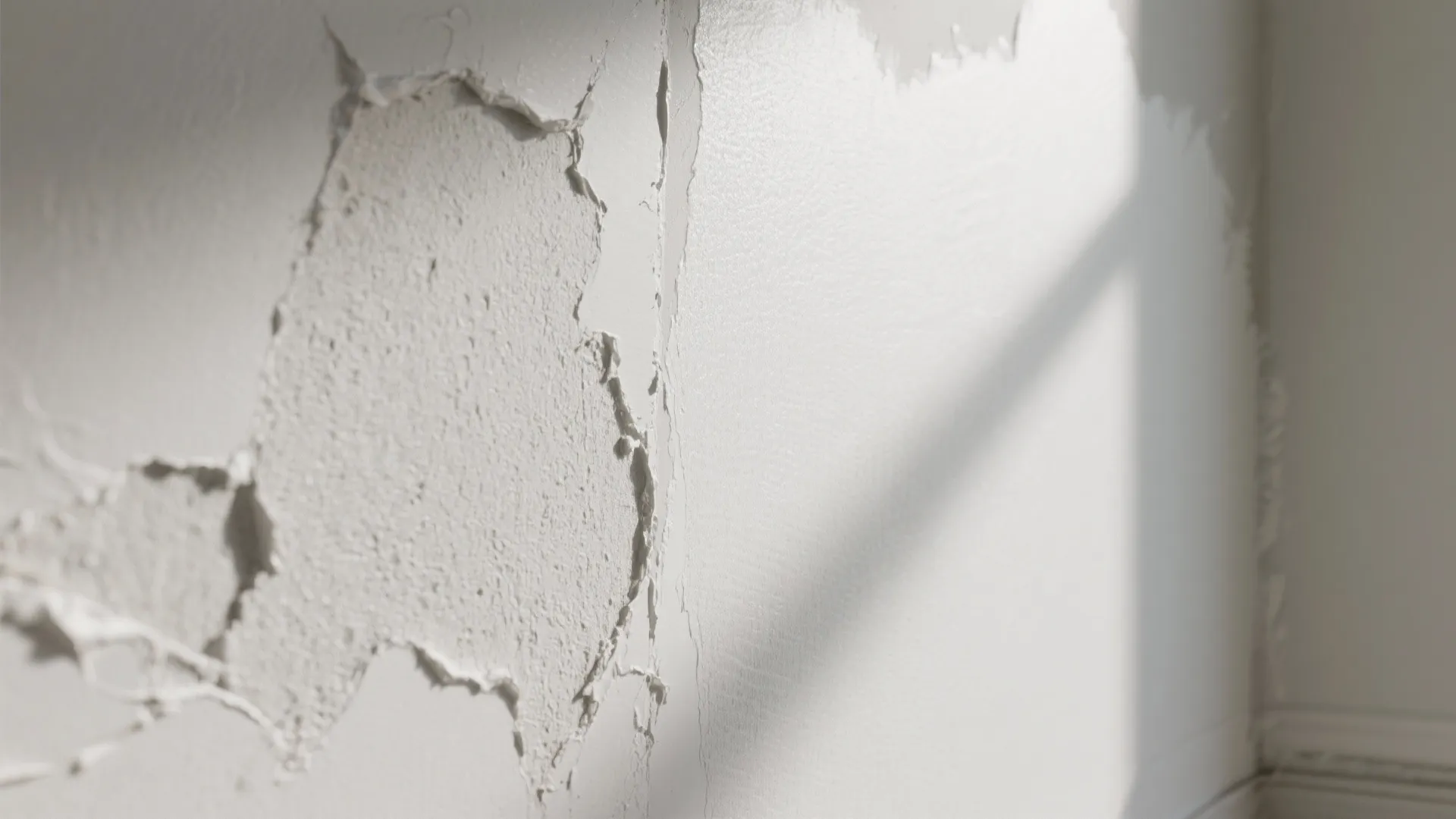 Close up of peeling white paint on a wall with sunlight and shadows showing texture