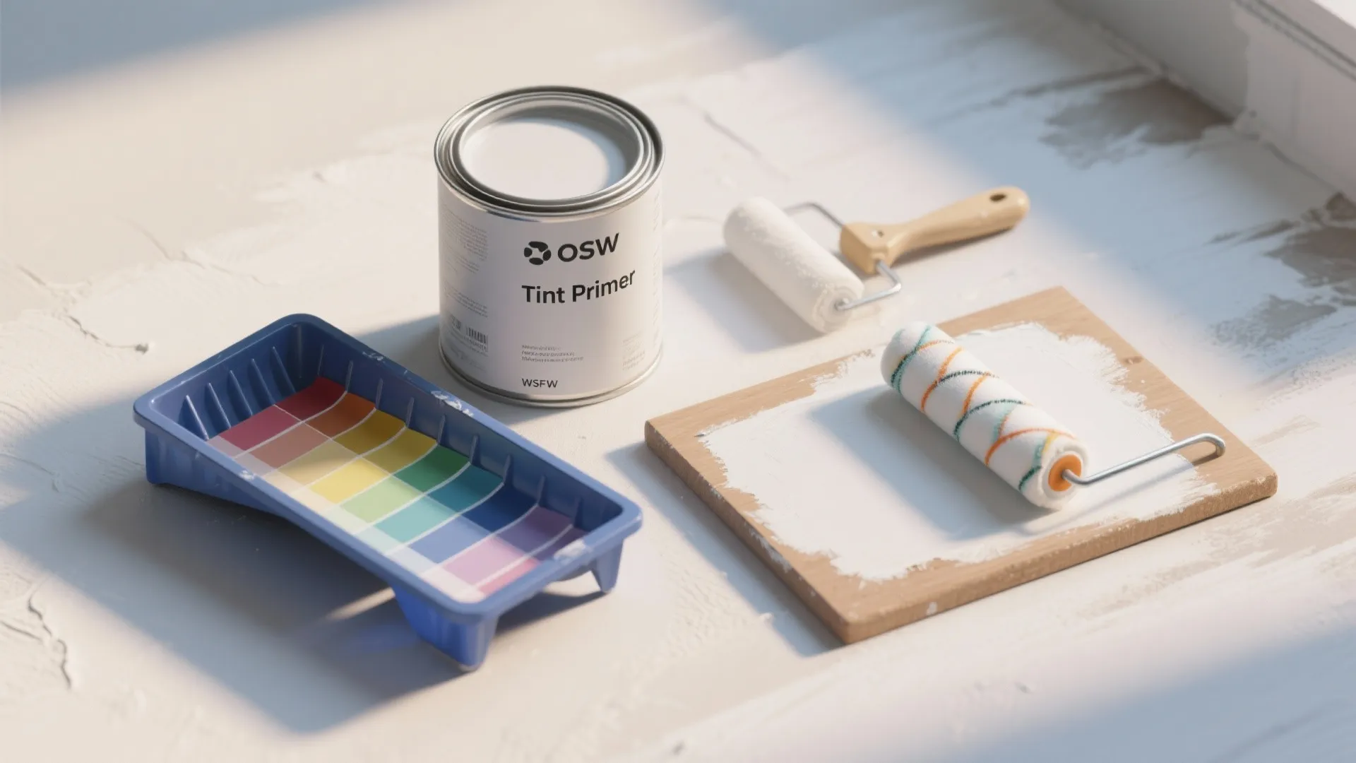 White paint can with paint rollers and blue tray on a white textured floor surface