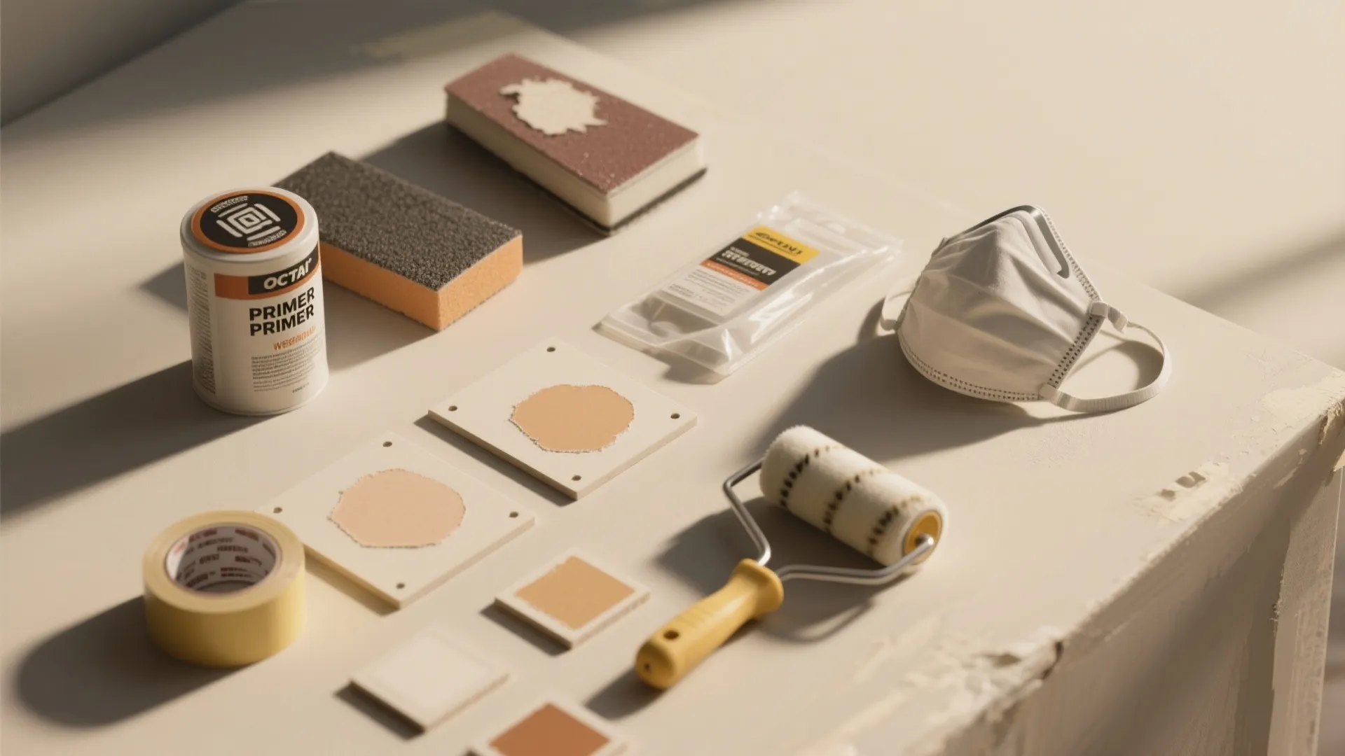 Essential painting tools including a roller mask tape sponges and a can of white primer