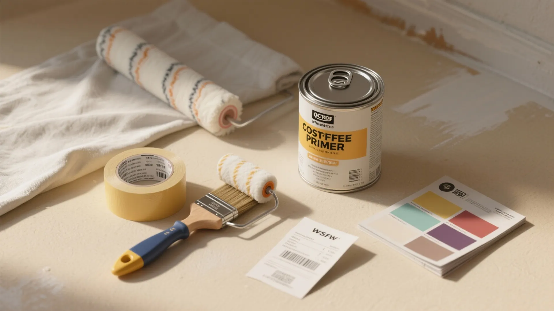 Painting tools including brushes rollers tape and primer can arranged neatly on a light colored floor