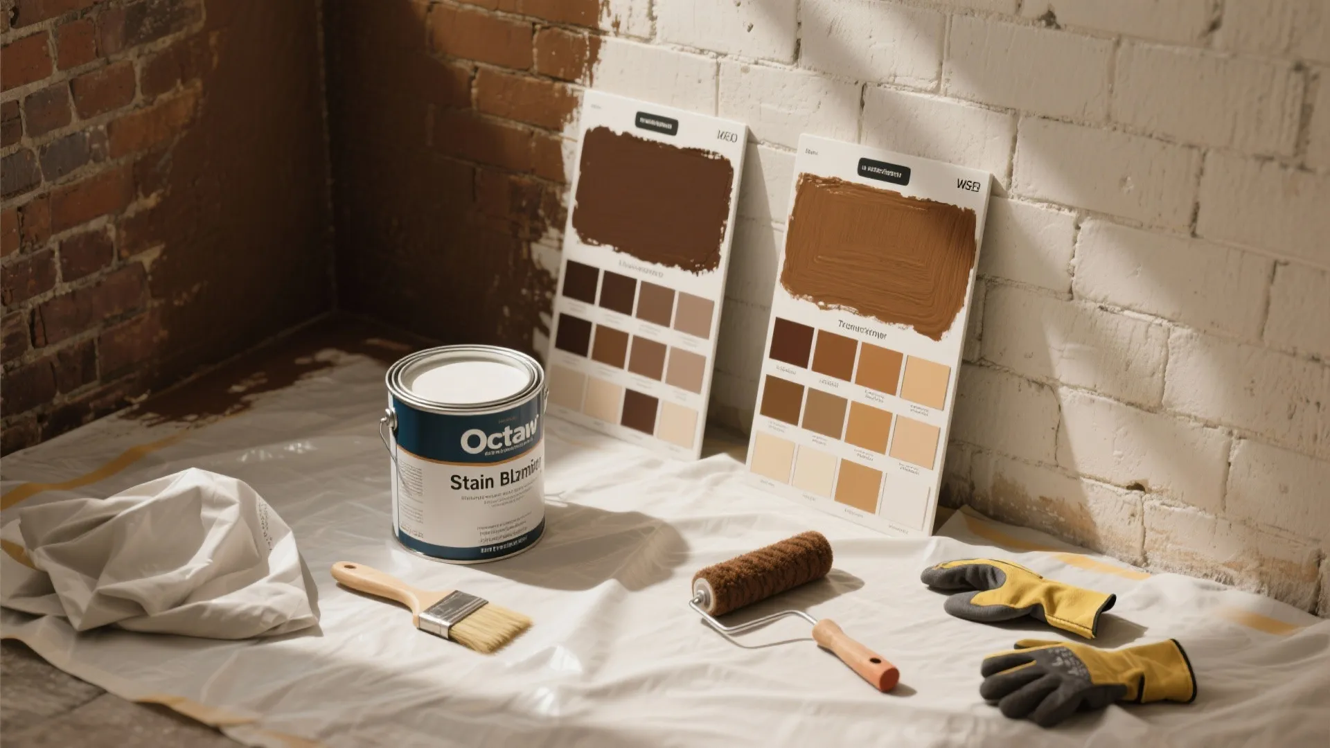 Interior painting tools including paint can brush roller gloves and color swatches on plastic sheet