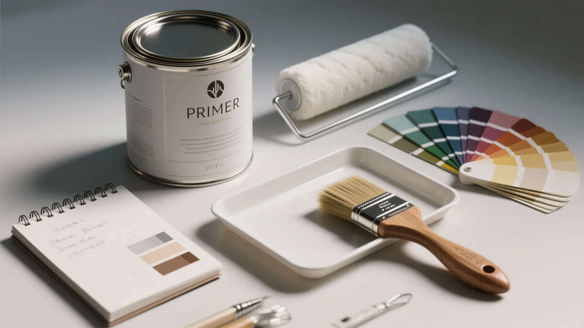 White primer paint can with roller brush tray color swatches and notebook for home renovation