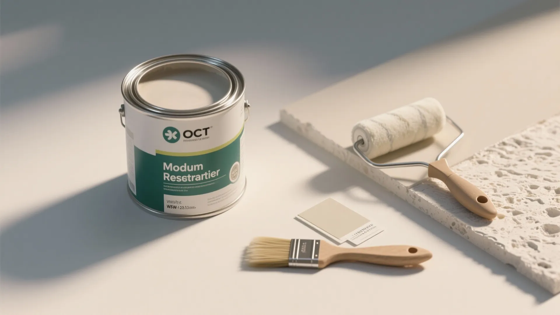 Open paint can with brush roller and color samples on a table for home renovation