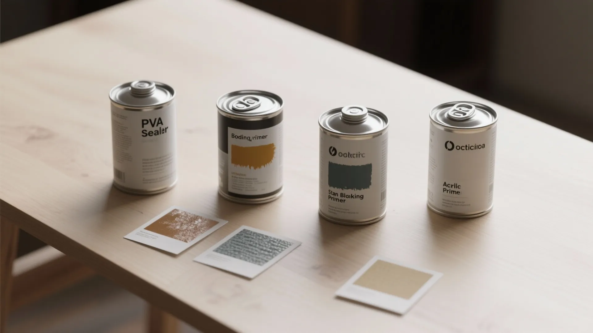Four different metal paint cans with color swatches placed on a light wooden table top