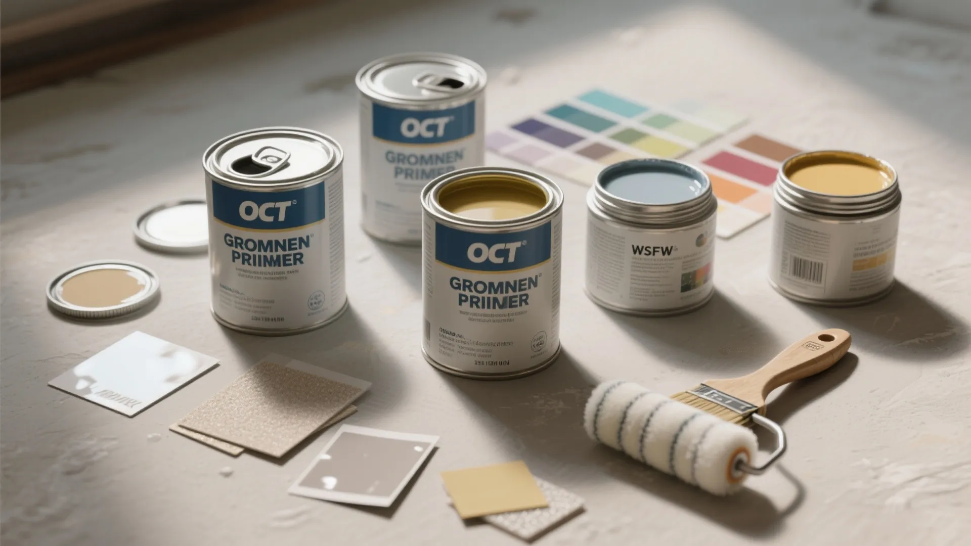 Several paint cans with color cards a paint roller and a brush on the floor