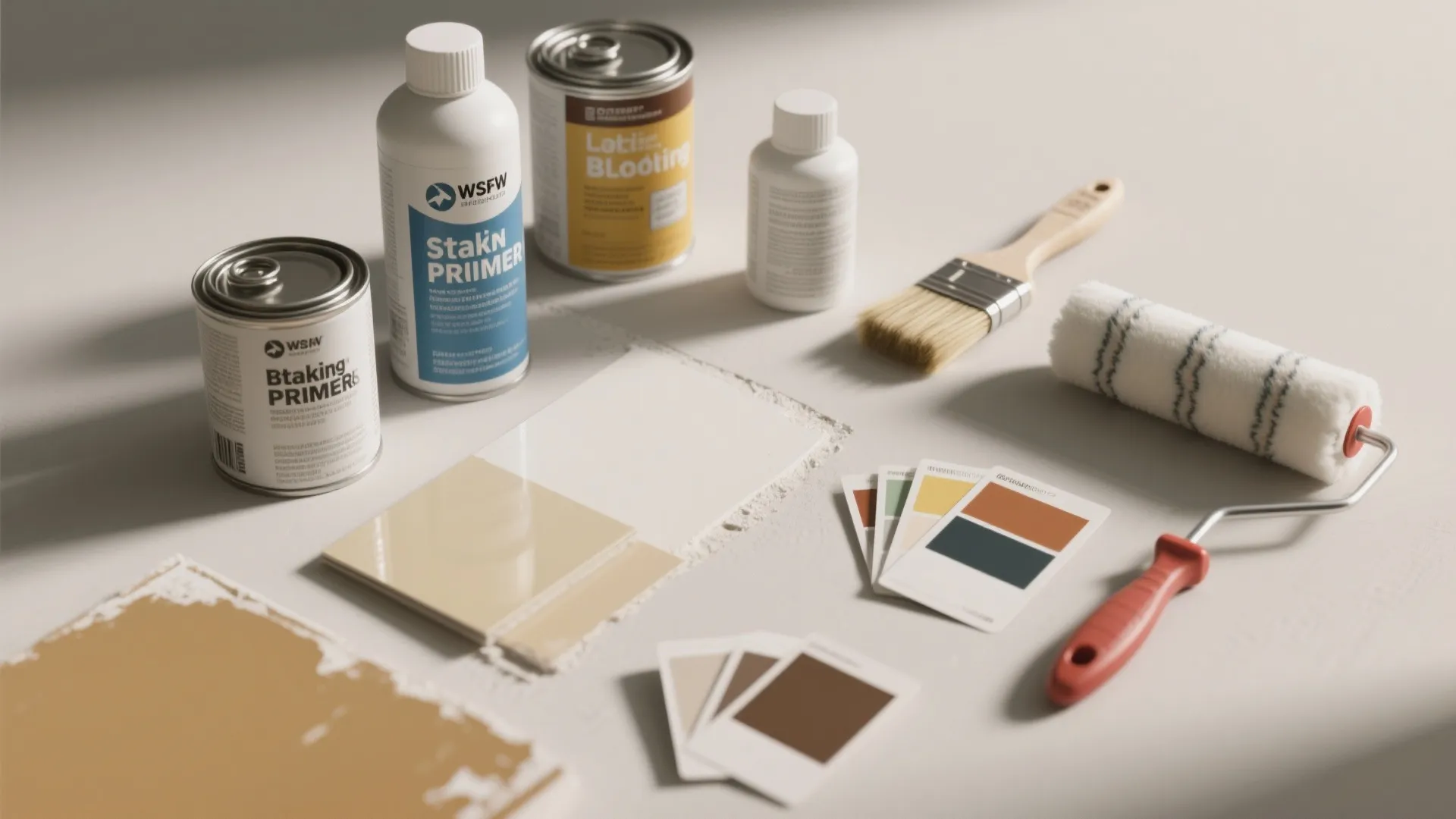 Flatlay of various unlabeled primer cans, brushes, rollers and sample swatches for different surfaces.