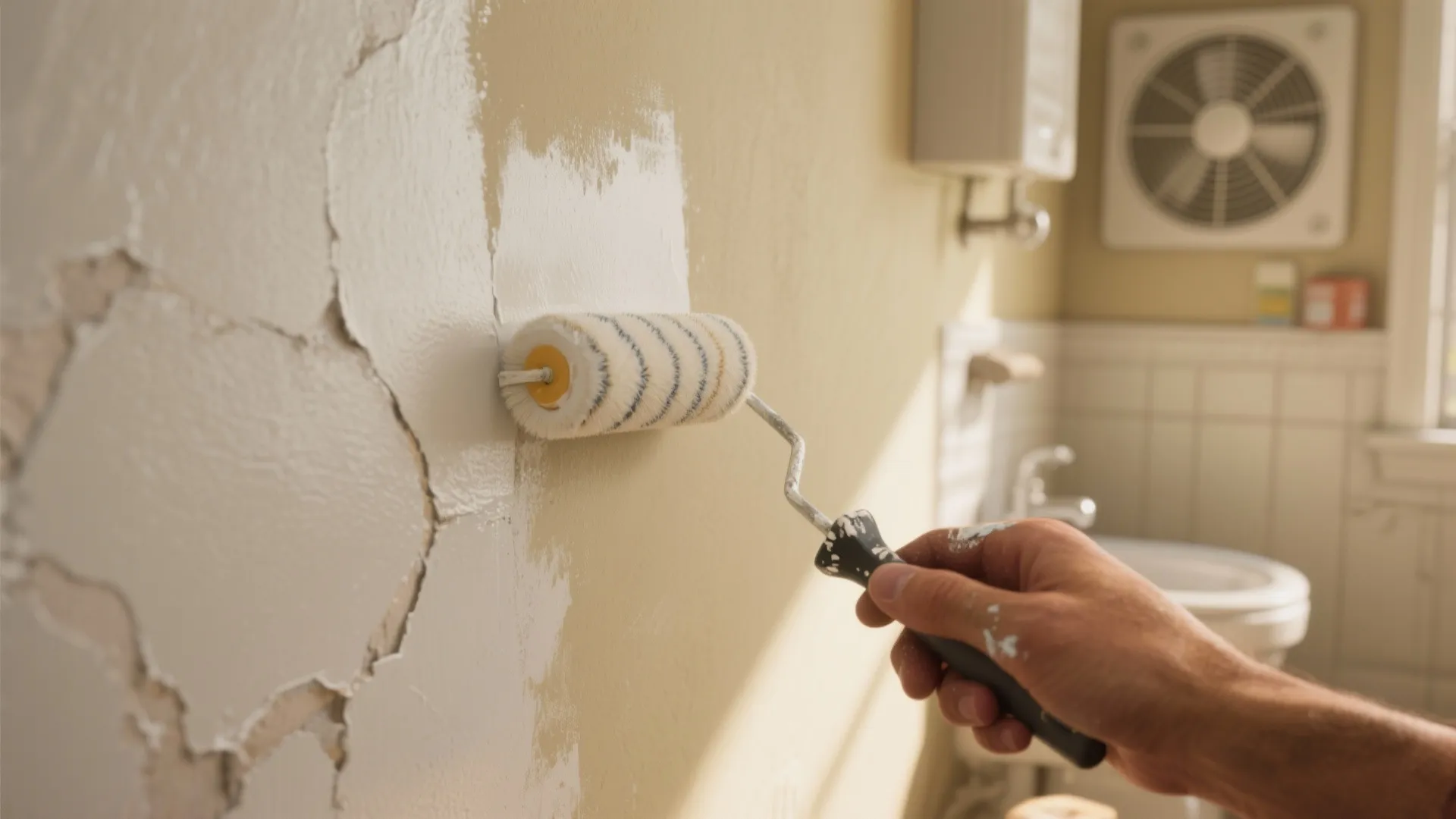 A person using a paint roller to apply white primer on a damaged interior wall