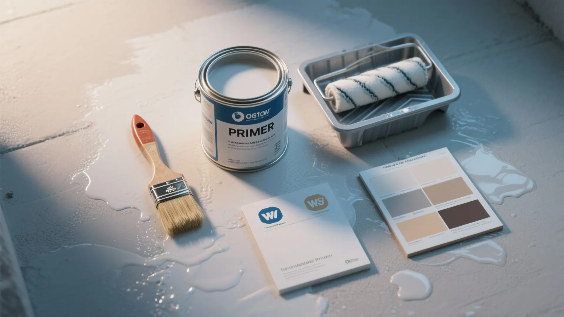 Open paint can with primer label next to a brush paint roller and color samples