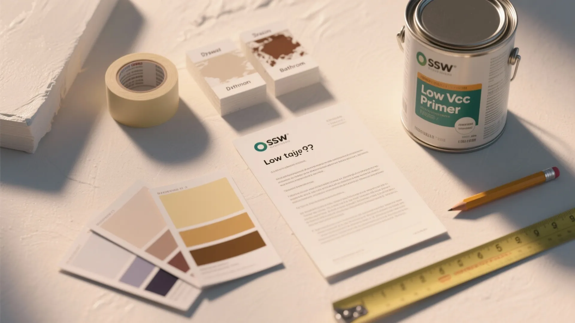 Table with paint can color cards masking tape and yellow measuring tape for home improvement