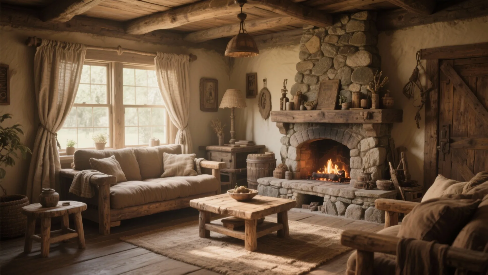 Cozy rustic living room with stone fireplace wooden coffee table curtains and warm light fixture