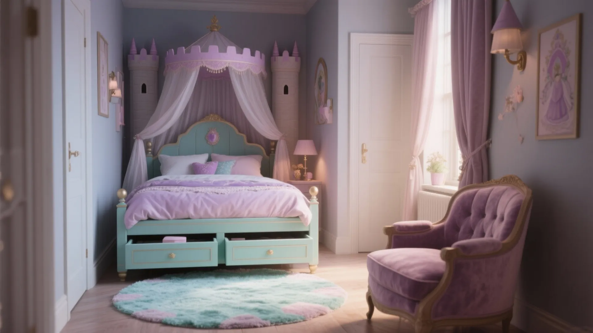 Castle themed girls bedroom with pink canopy bed purple sofa wall light and round rug