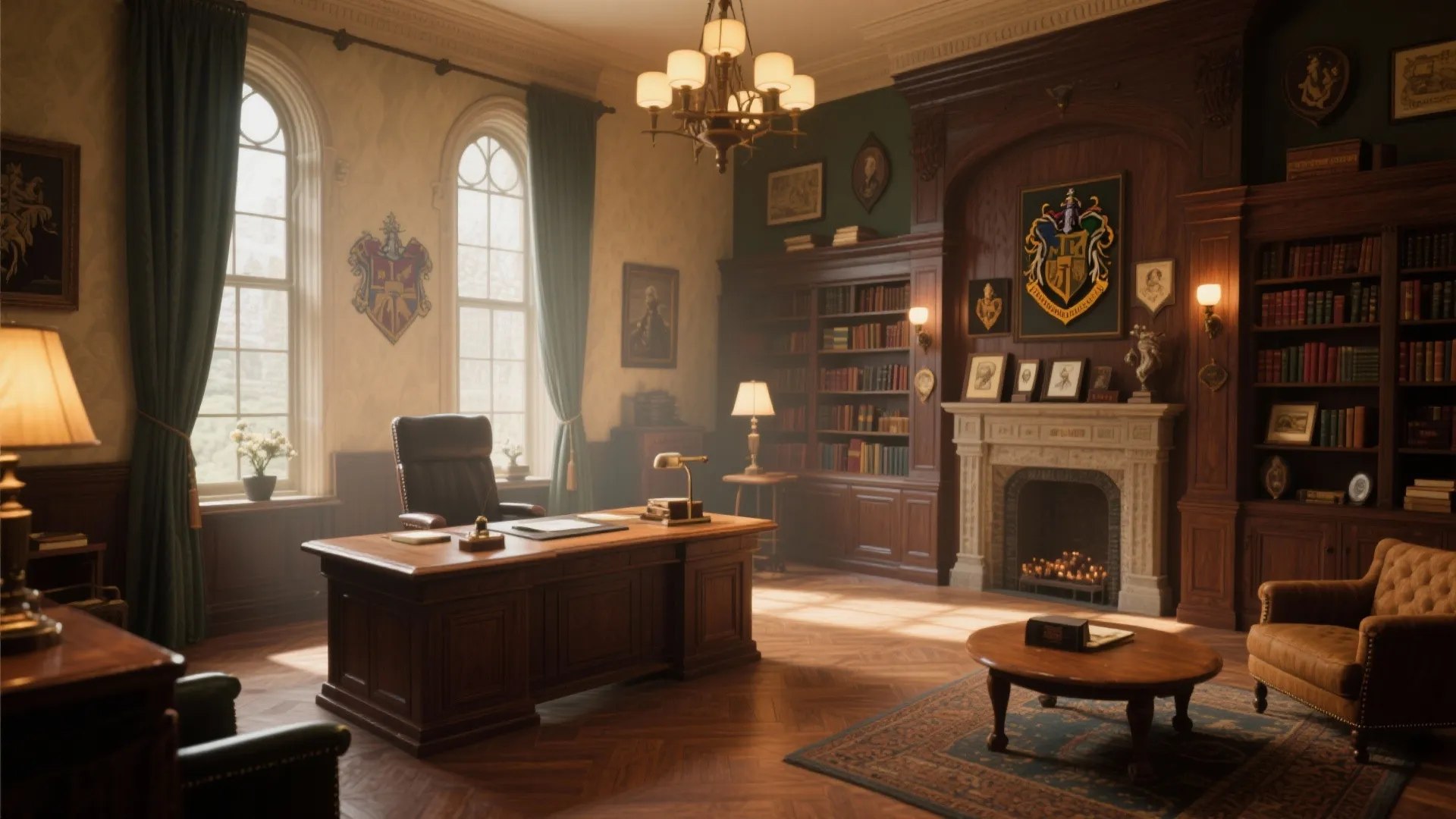 Classic wood office with large desk leather chair fireplace bookshelves ceiling light and green curtains