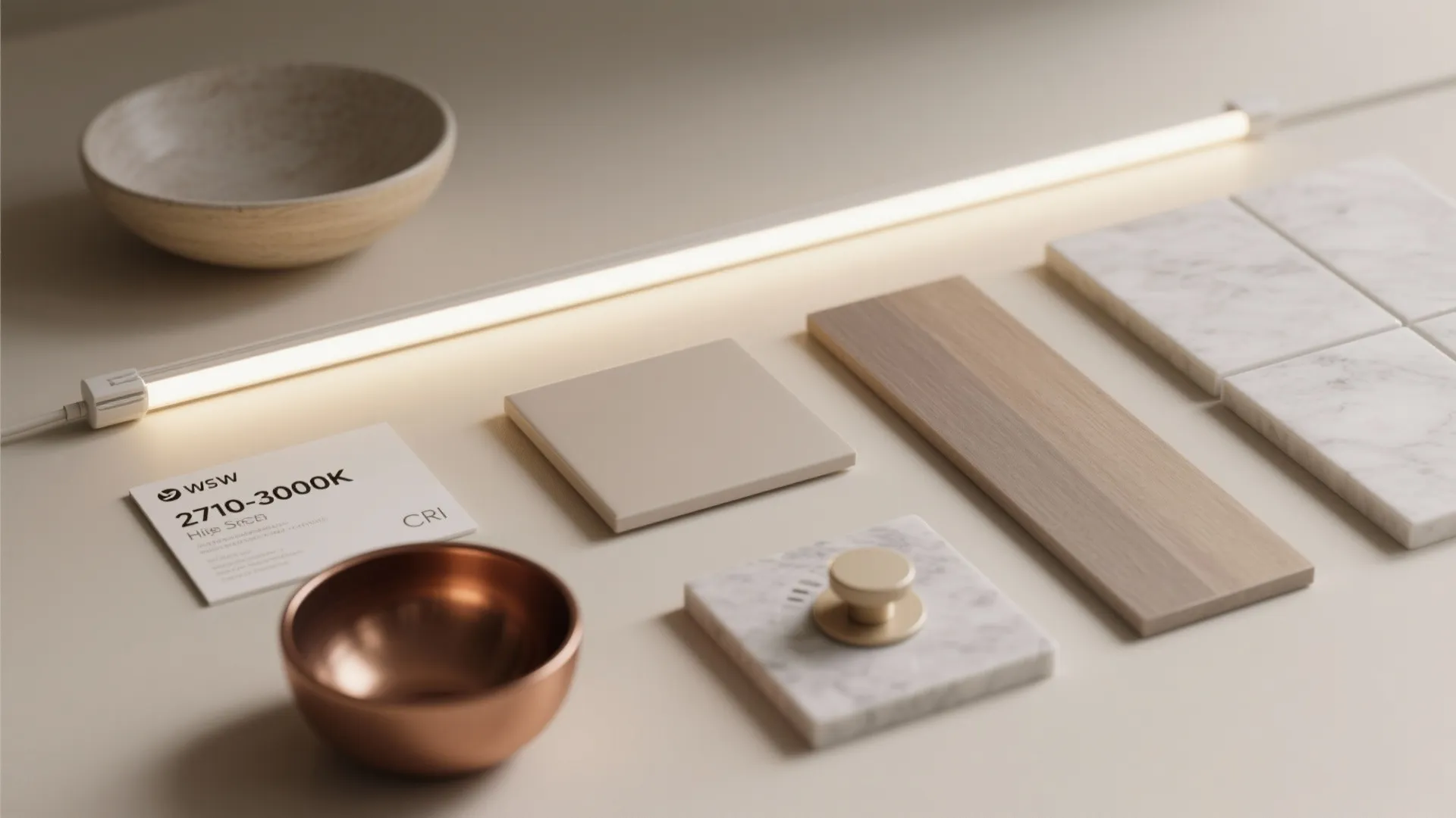 Material board with light strip wood samples marble tiles beige square and small copper bowl
