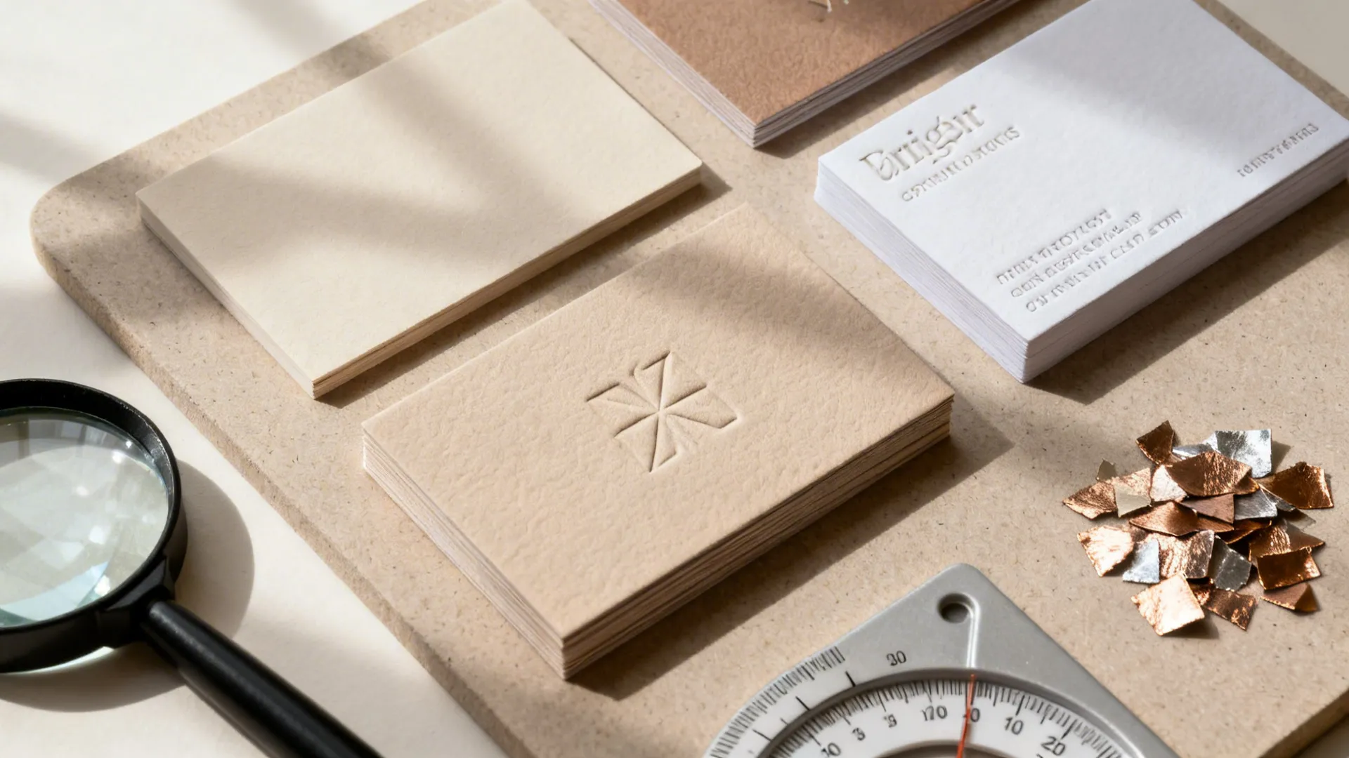 Collection of paper samples and business cards with magnifying glass and metal scraps on board surface
