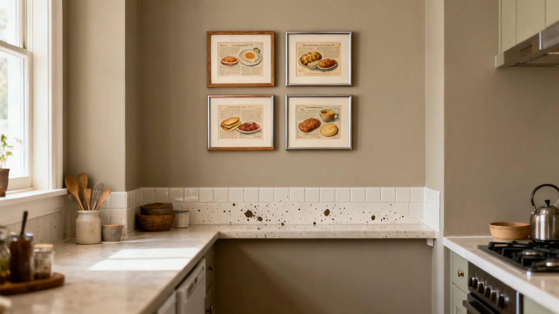 3x2 grid of small framed vintage food prints neatly arranged above a backsplash in a galley kitchen.