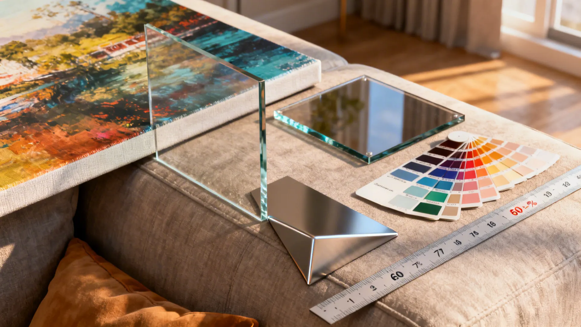 Print and material samples showing canvas, acrylic and metal options with ruler for proportion guidance.