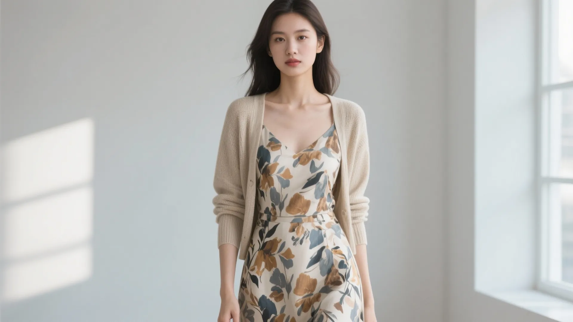 9. Printed Dress + Neutral Cardigan