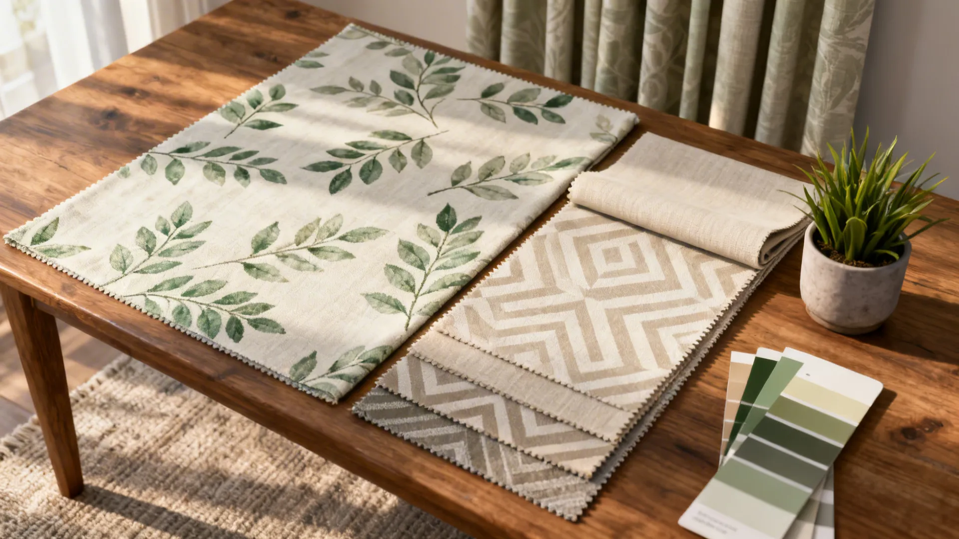 Fabric samples with leaf patterns and geometric designs on wooden table with green color swatches