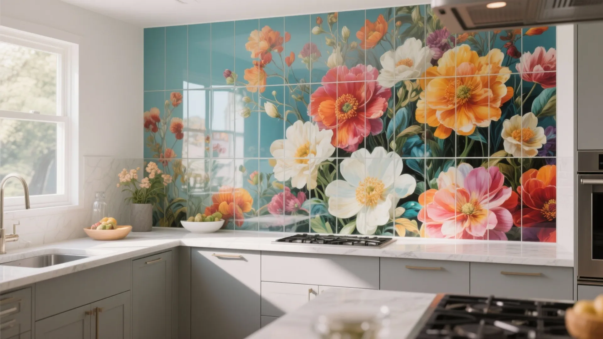 Modern kitchen featuring a colorful floral pattern wall tile design with white cabinets and sink
