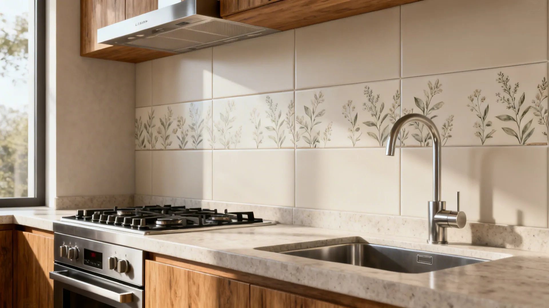 Subtle botanical printed porcelain tile backsplash with matte finish and epoxy grout.
