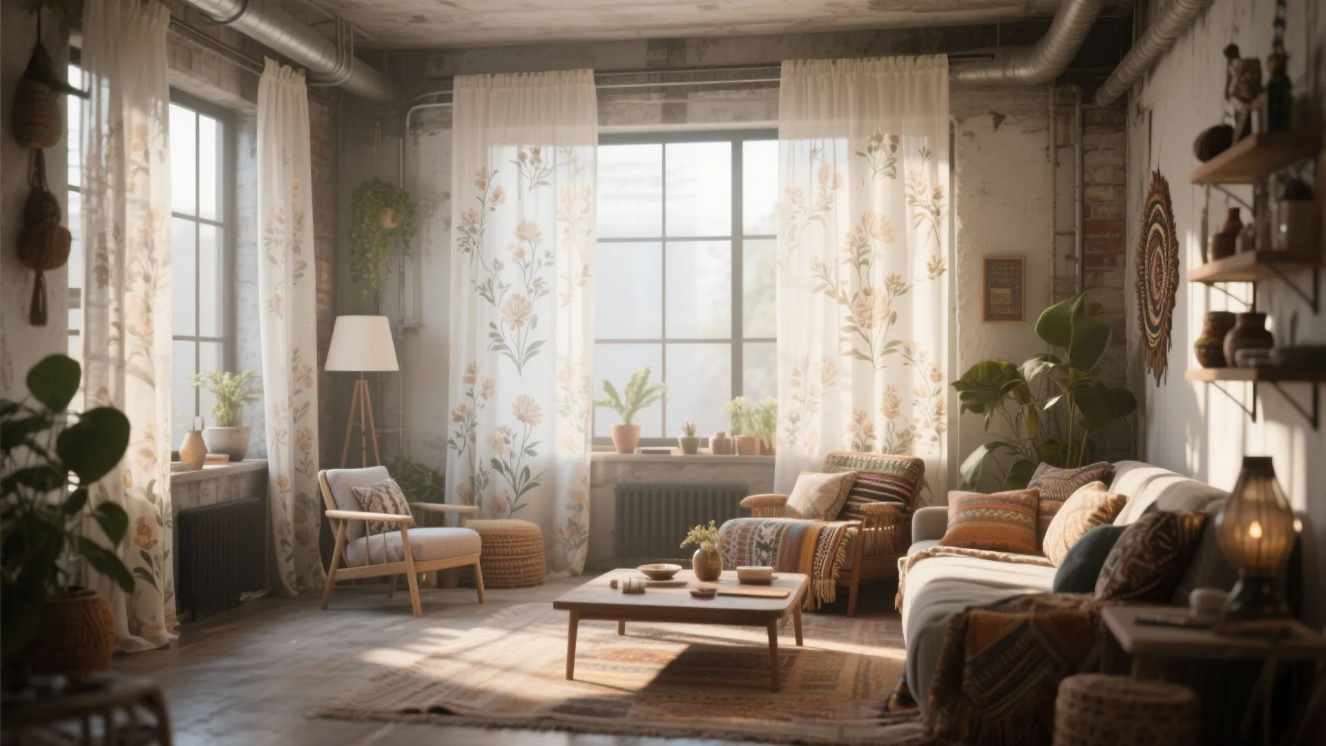Bohemian living room featuring floral sheer curtain and cozy furniture with many green indoor plants