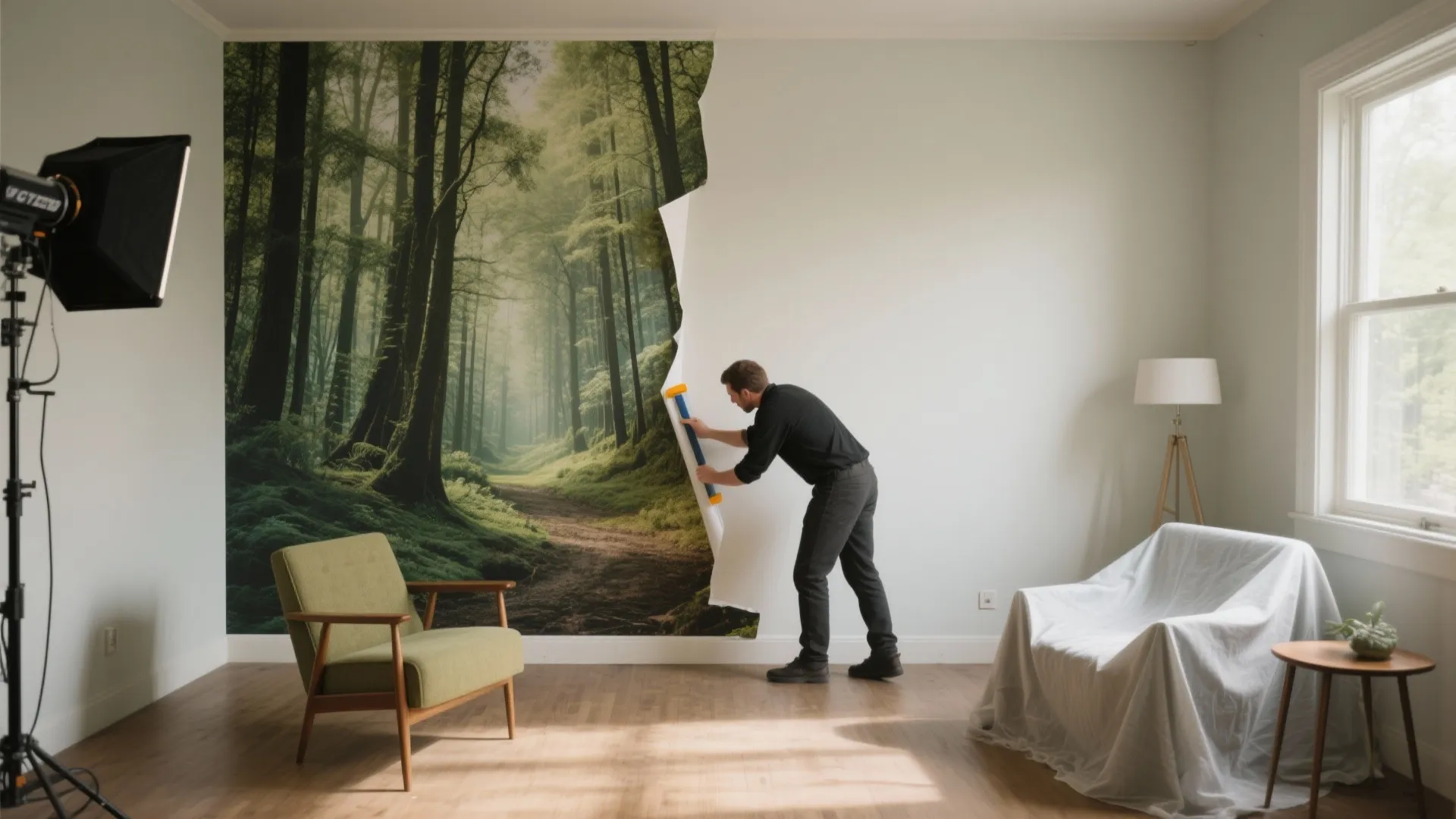 Small studio with a seamless digital-printed forest wall wrap being precision-fit by a technician using smoothing tools.