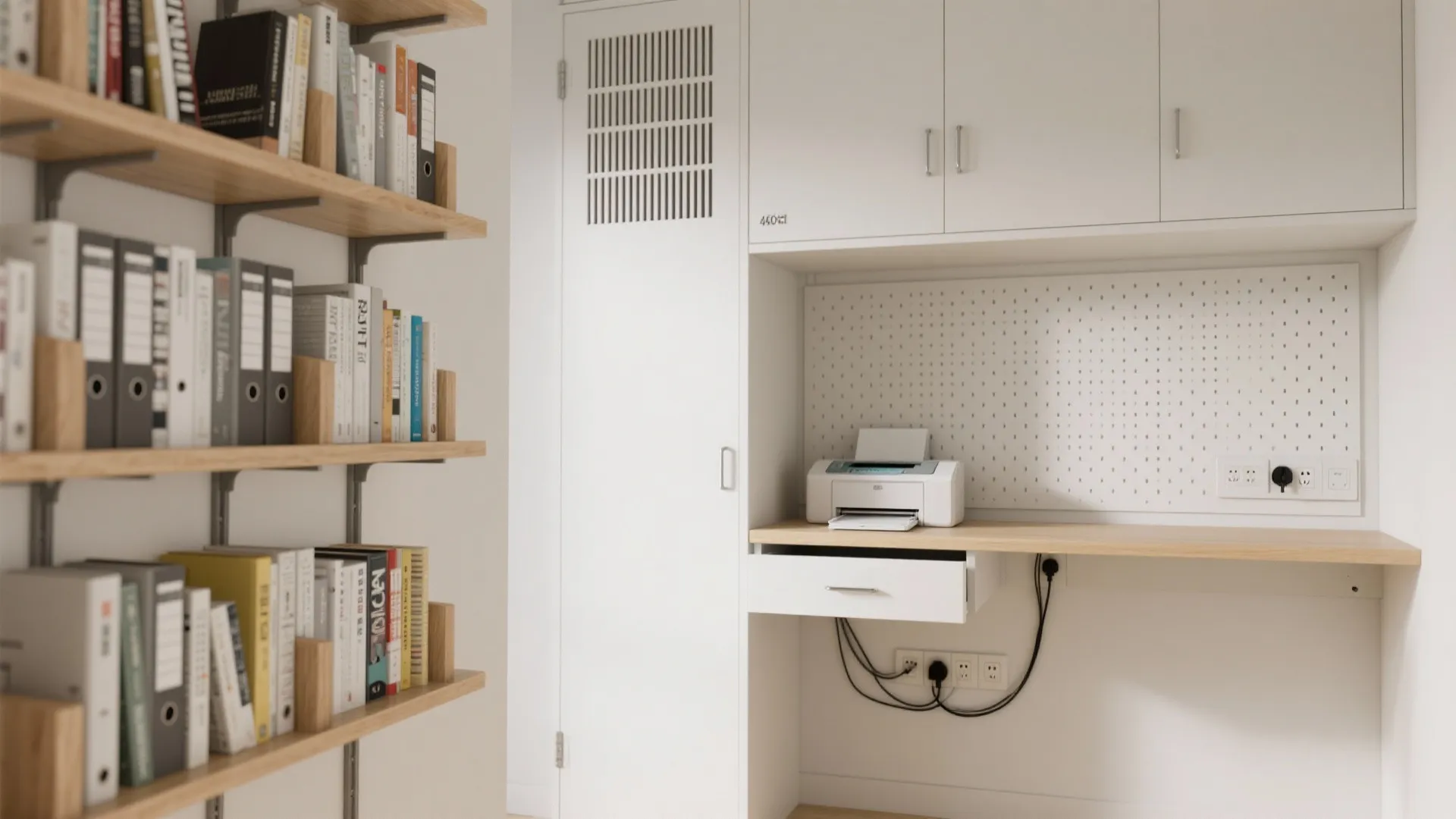 Dual-purpose storage: books, tech, and a printer garage