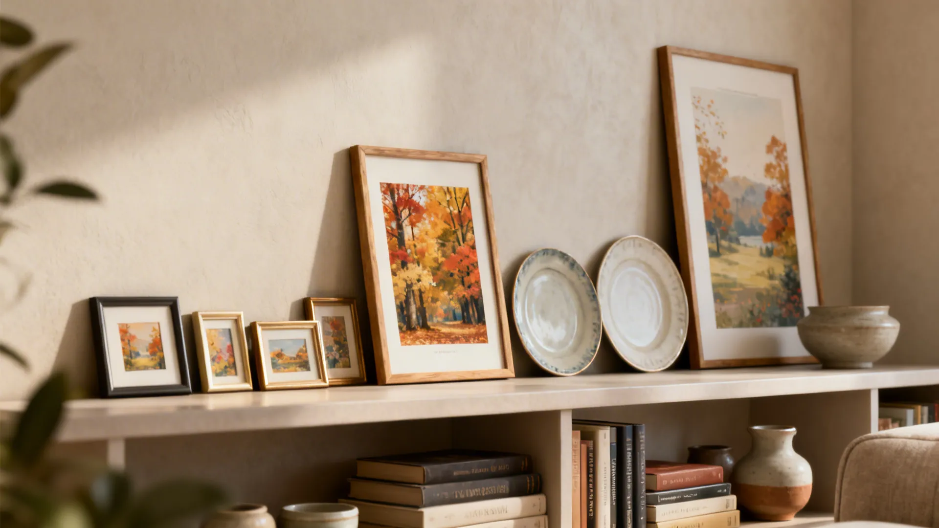 Shelf with framed prints and plates leaned as backdrops behind books and ceramics.