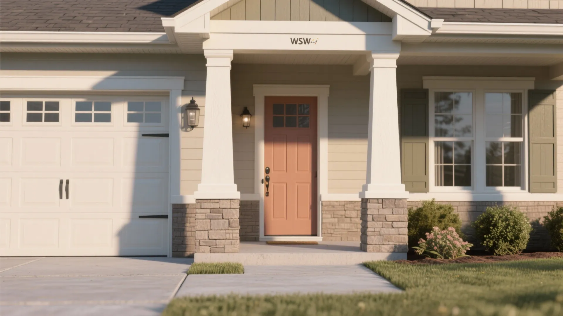 Modern house exterior with white garage door pink front door stone pillars and green bushes