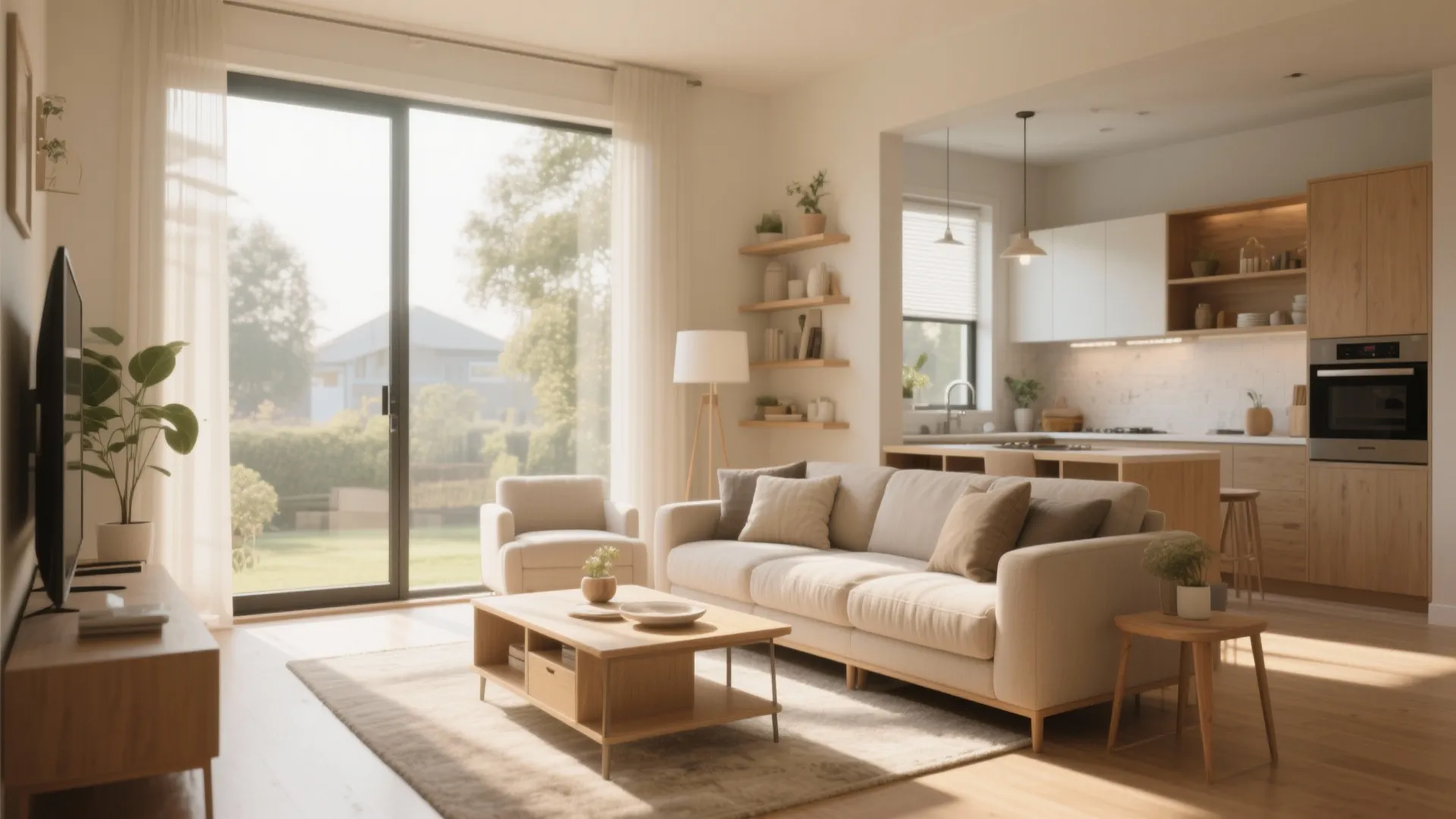 Living area with large window and sliding door emphasizing daylighting for kitchen and living spaces