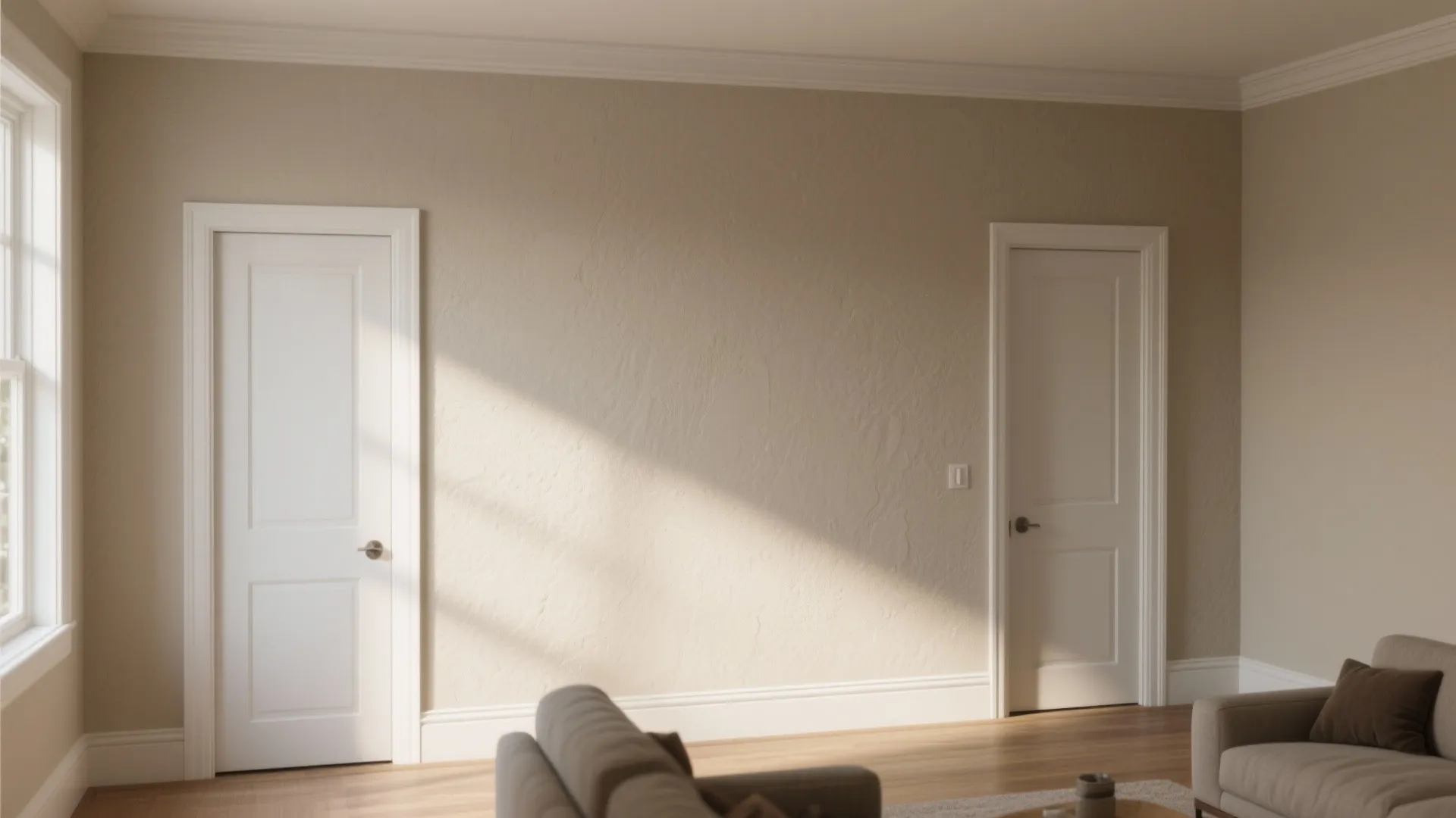 Living room showing painted walls with unpainted trim to illustrate prioritizing walls over trim