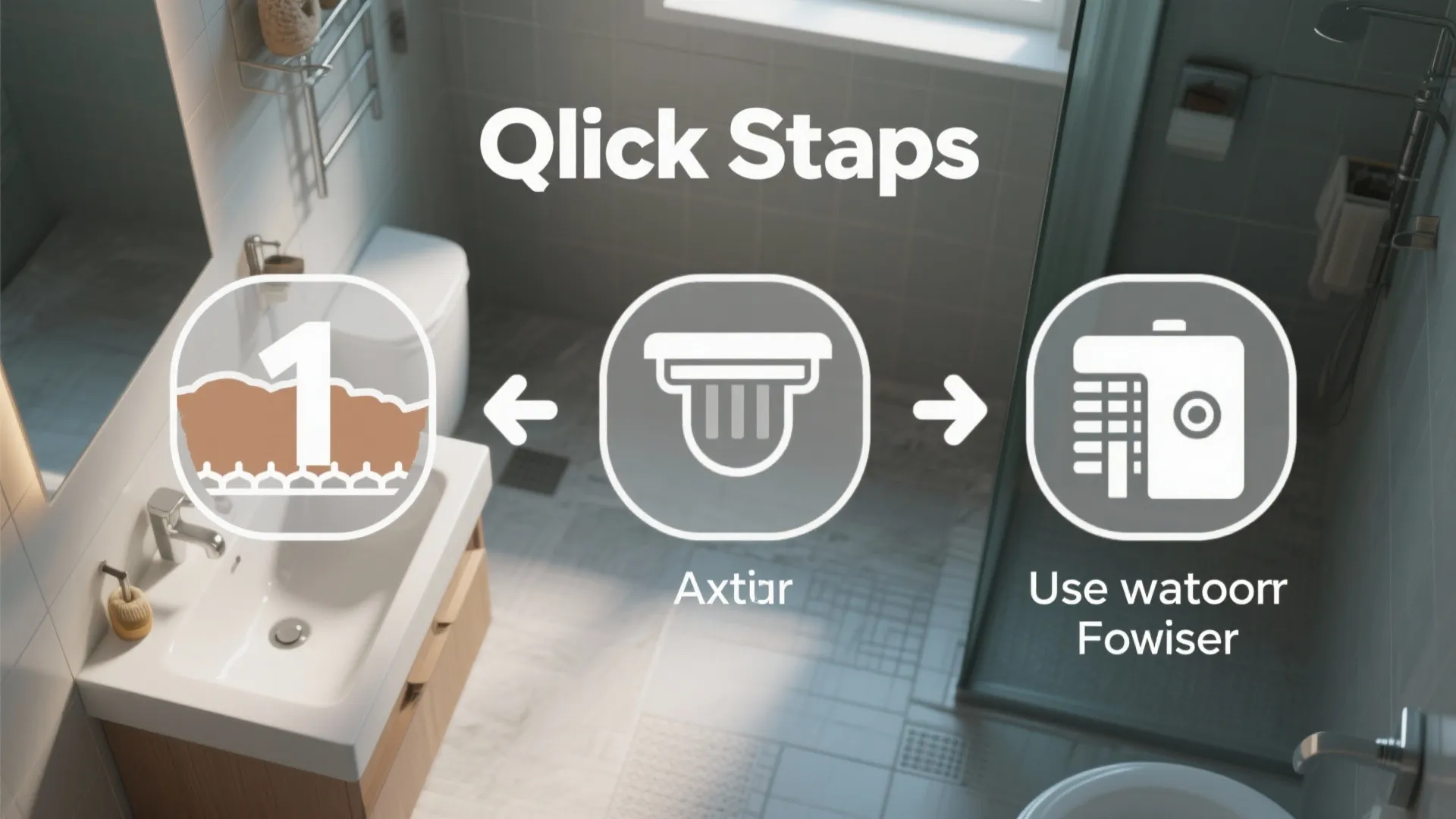 Bathroom infographic showing three simple steps for water filtration with icons over sink and shower