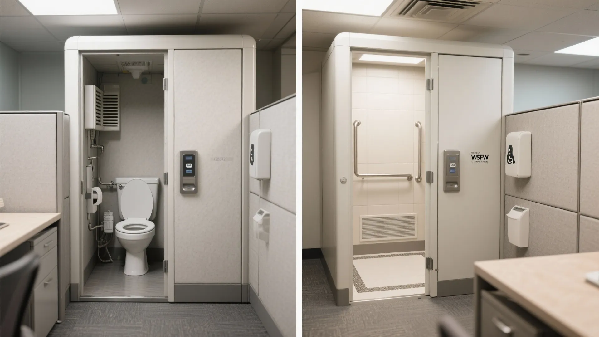 Side by side comparison of a portable toilet unit and a larger accessible shower room