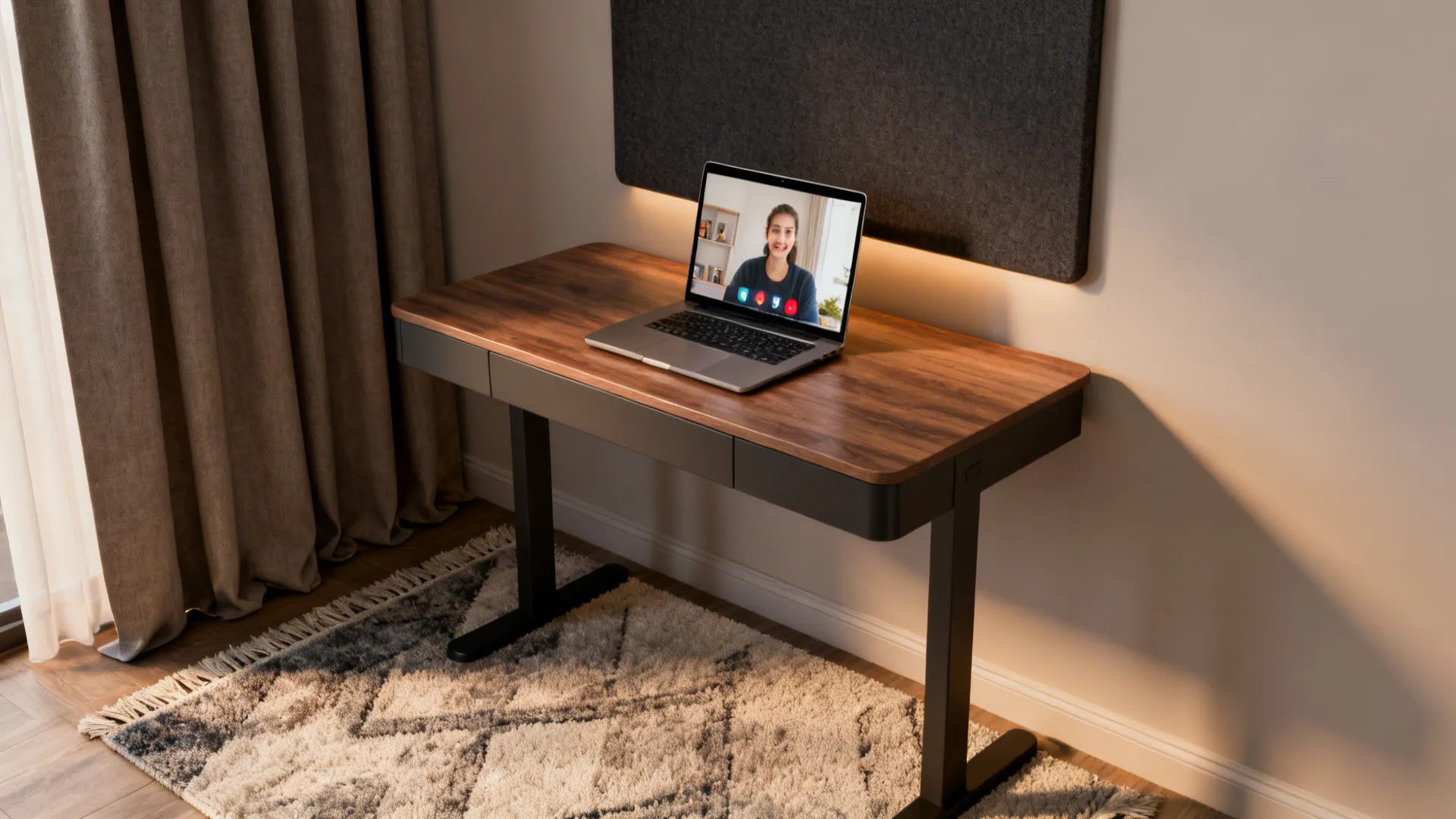 Wooden desk with laptop showing video call beside curtains and a grey fabric wall panel