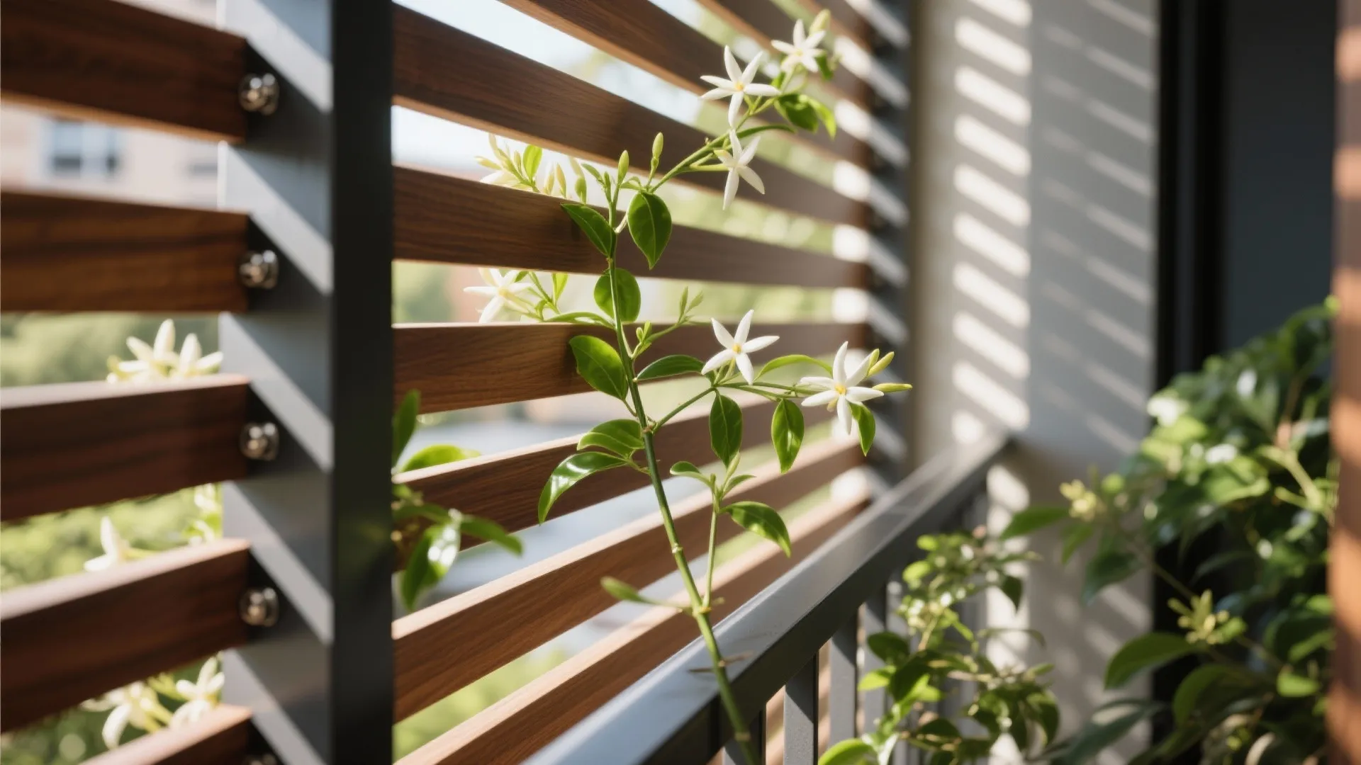 Wooden wall panels on a balcony with white flowers and green leaves growing through spaces