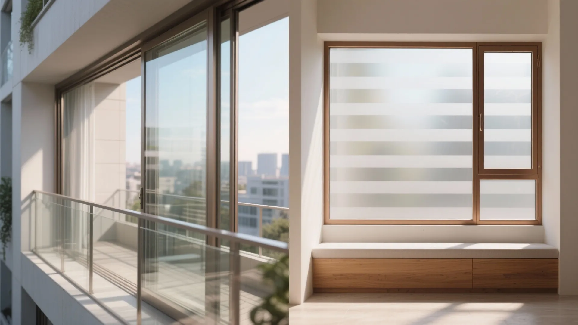 Before and after comparison of clear glass balcony doors and window with frosted privacy film