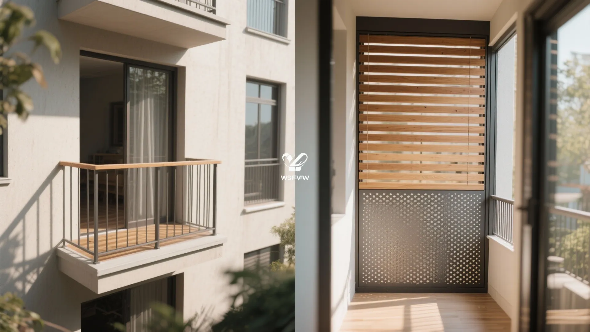 Before-and-after of a balcony upgraded from open railing to slatted and perforated privacy screens.