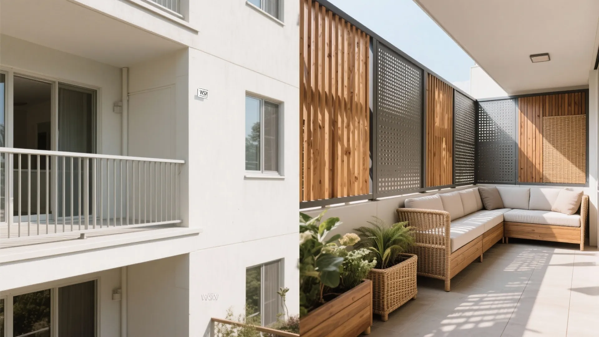 Before and after comparison of an open white balcony versus a private decorated balcony with sofa