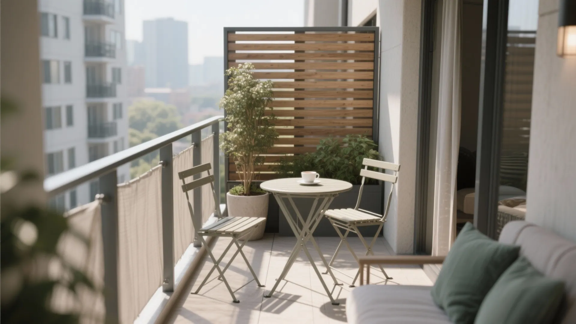 Privacy screens and a petite bistro nook