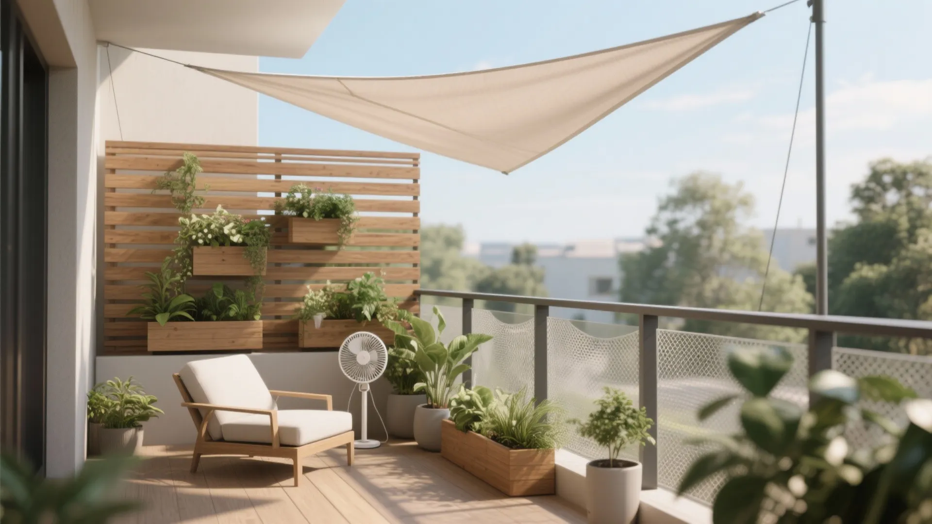 Sunny balcony featuring a white chair, sun shade sail, wooden privacy screen, and many plants