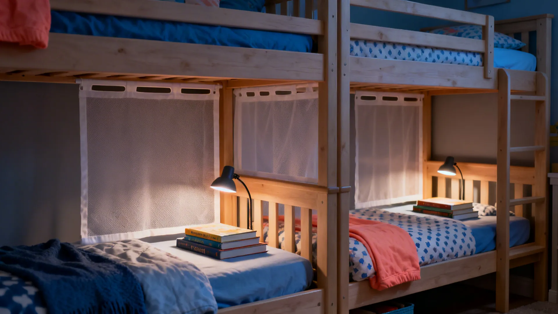 Evening scene with bunk privacy panels and warm clip-on lights creating a cozy reading nook.