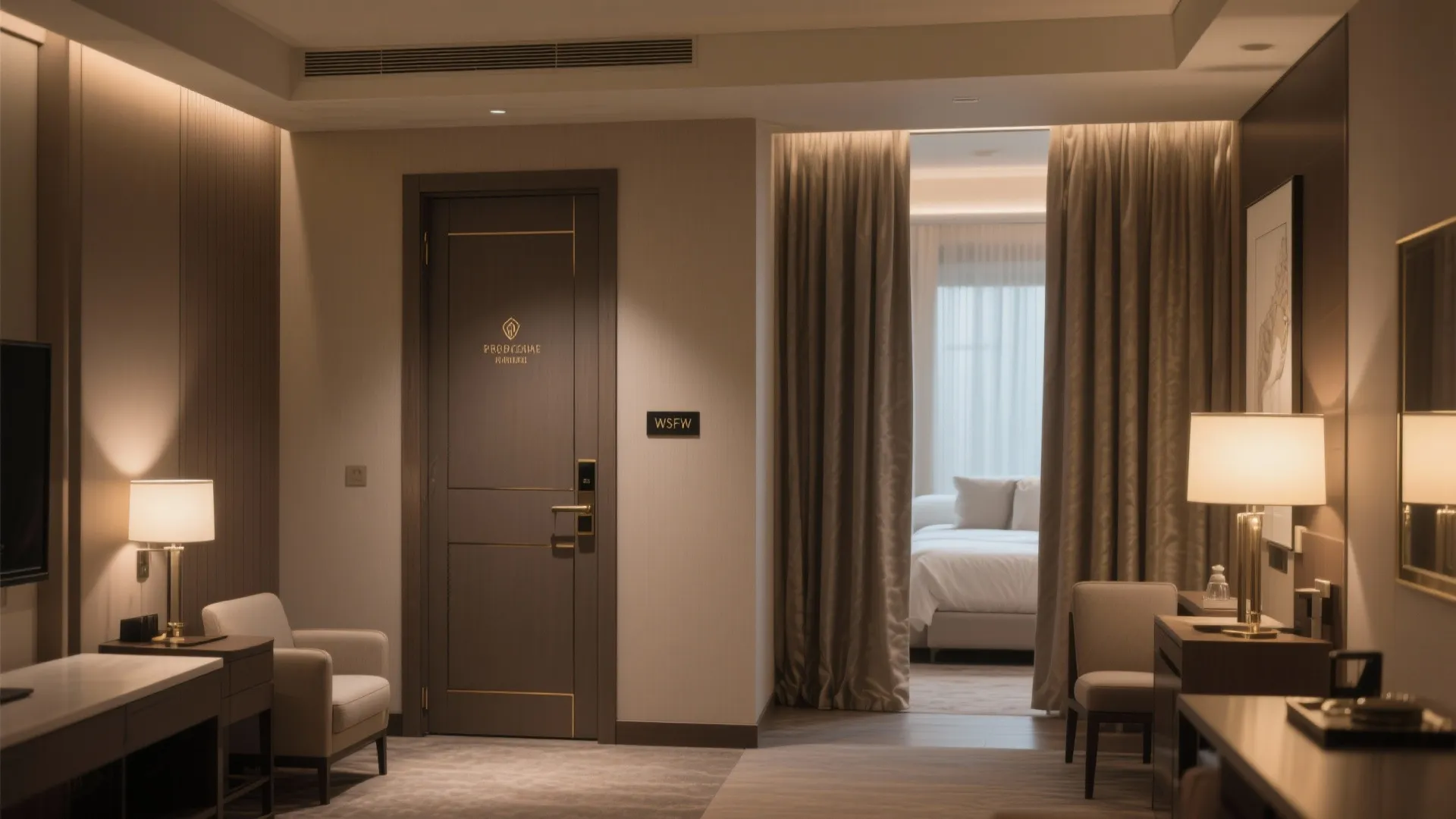 Corridor and bedroom entrances showing acoustic doors, furniture blocking sightlines and blackout curtains for privacy.