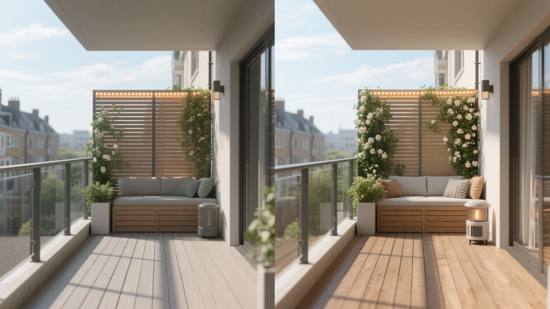 Side by side comparison of a balcony with cool lighting versus warm evening light and flowers