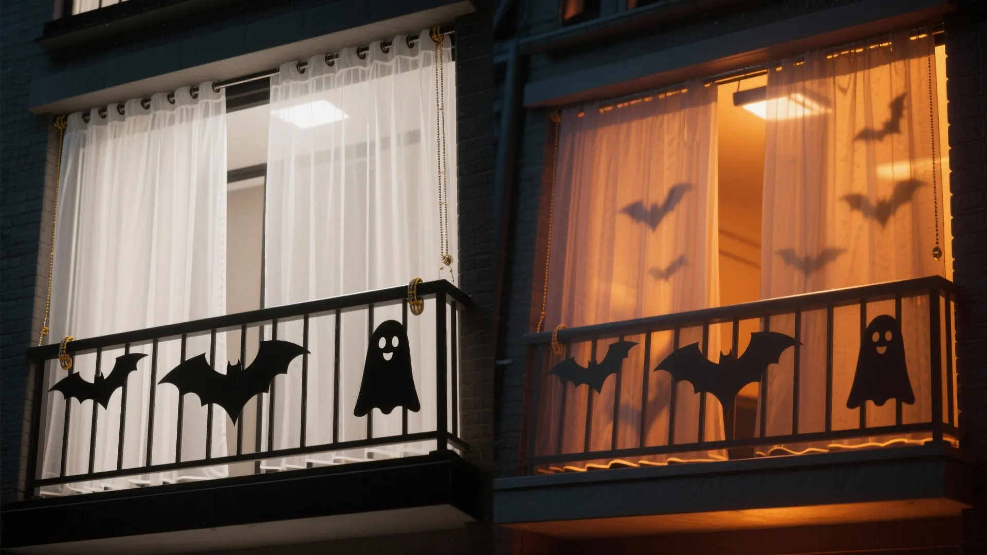Before and after comparison of balcony with Halloween decorations including bats ghost and white curtains