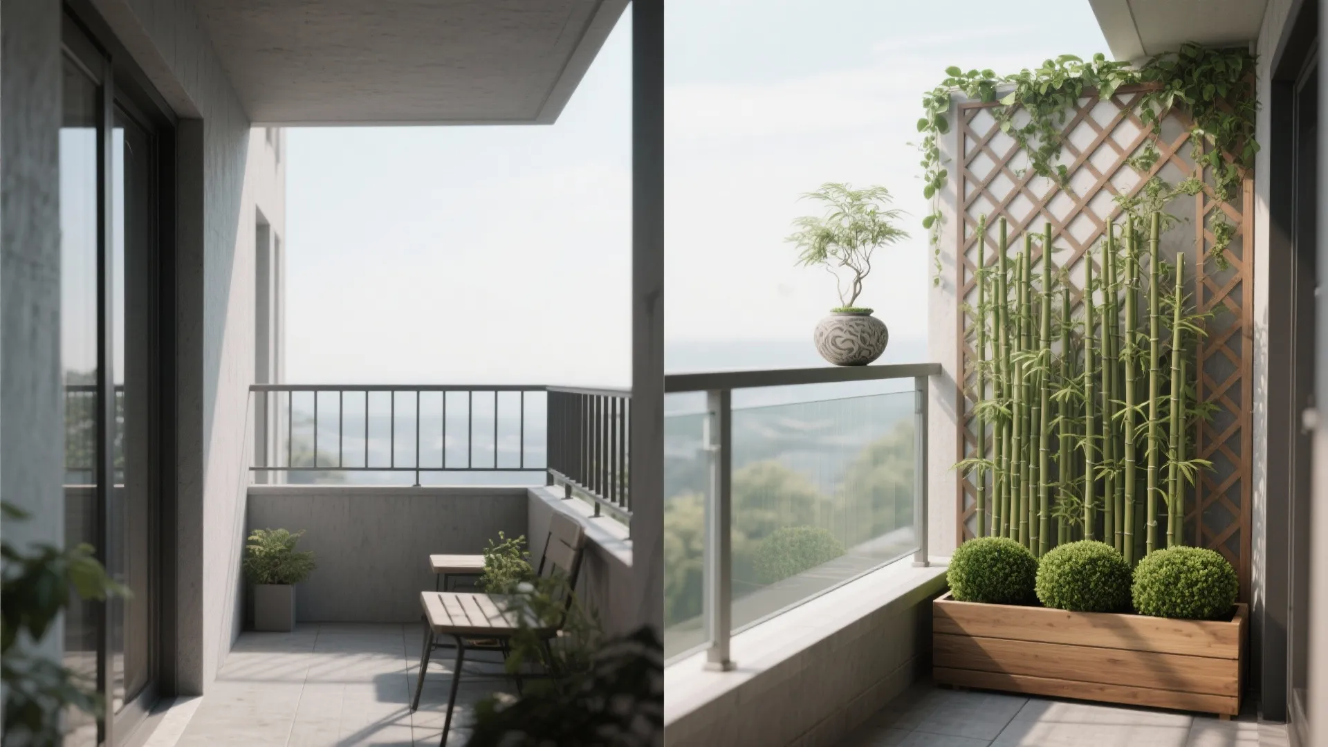 Before and after comparison of an empty balcony versus a private space with bamboo wall panels