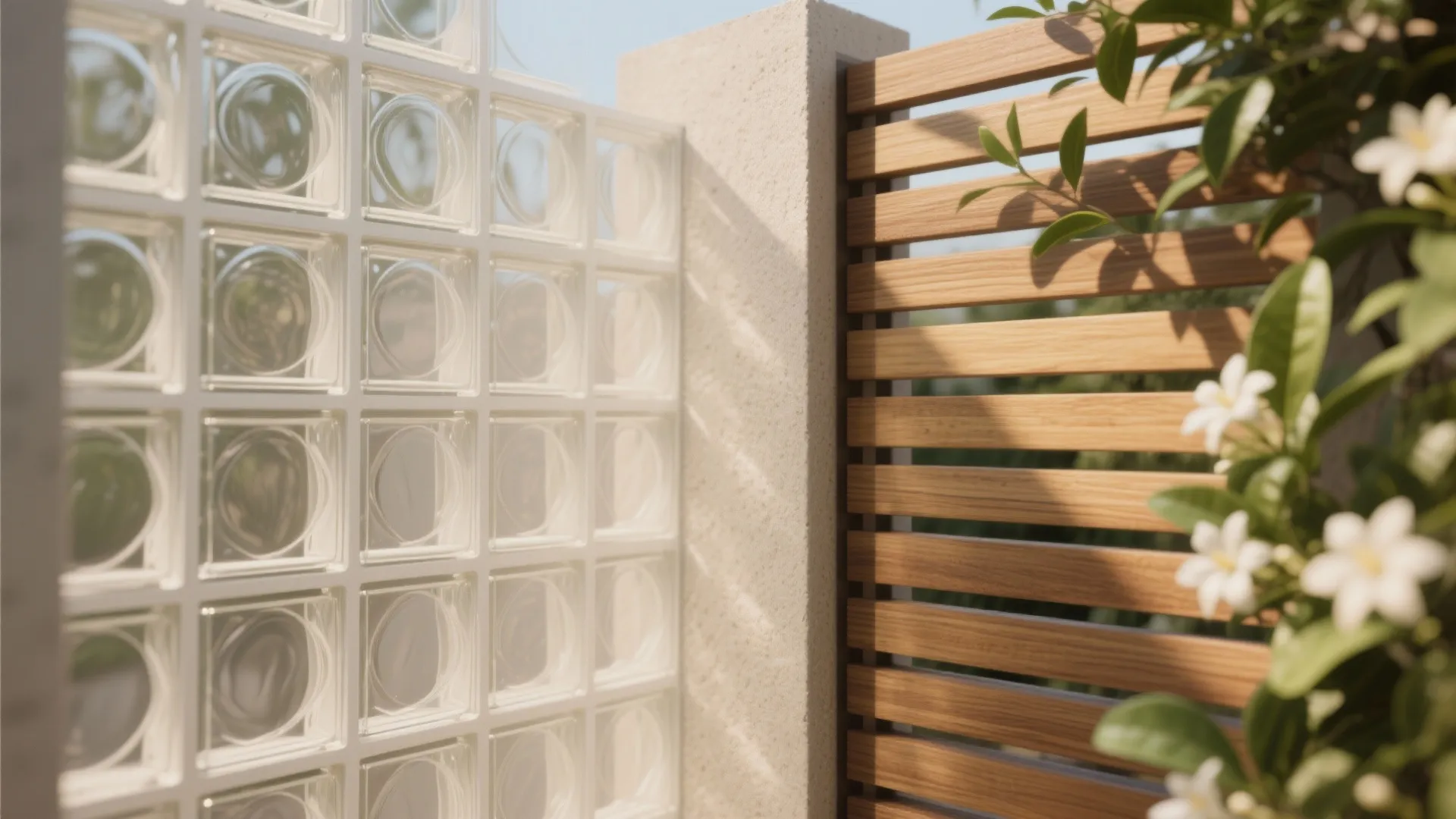 Modern outdoor privacy wall made of glass bricks and wooden slats with green plants and flowers