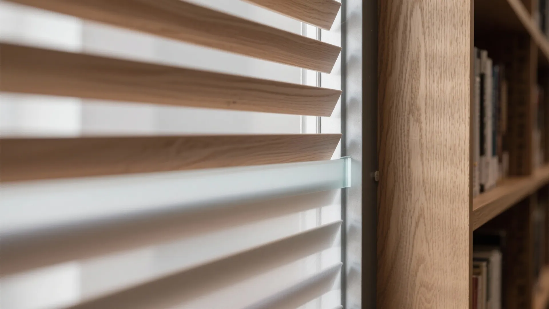 Close up of wooden window blinds next to a tall wooden bookshelf filled with various books